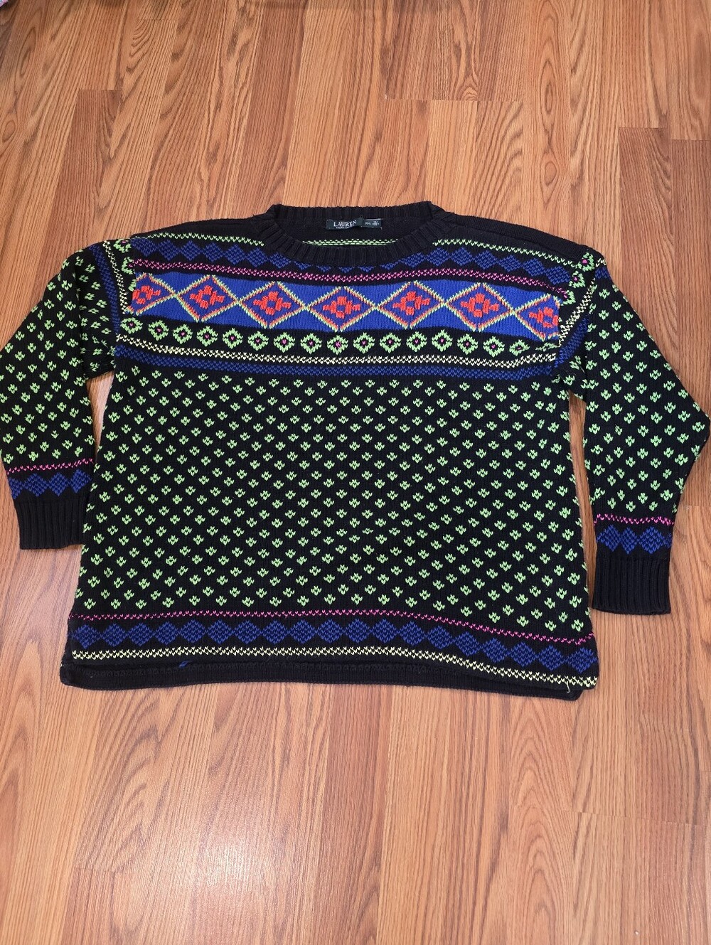 Lauren Ralph Lauren Vtg Fair Isle Cotton Sweater Black Neon Boxy Women's XXL